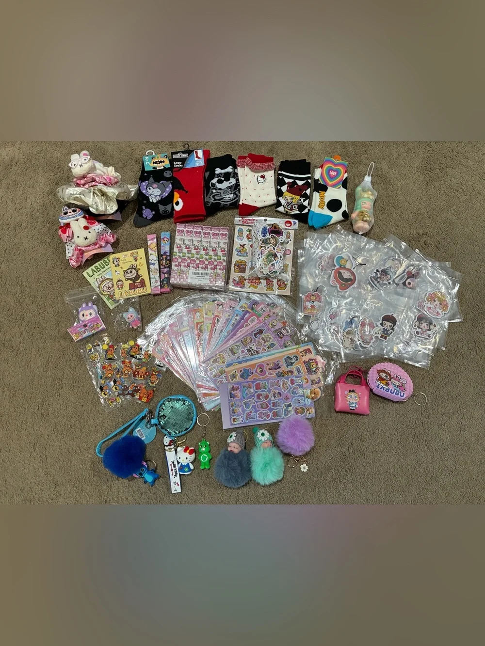 Huge Lot of Stickers Air Freshies Socks Scrunches Keychains Pens Not Licensed